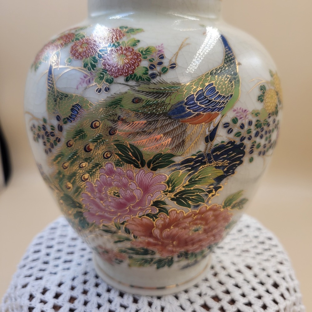 Japanese Satsuma Peacock Crackle Vase Floral Gold Gilt Hand Painted 6 Inch
